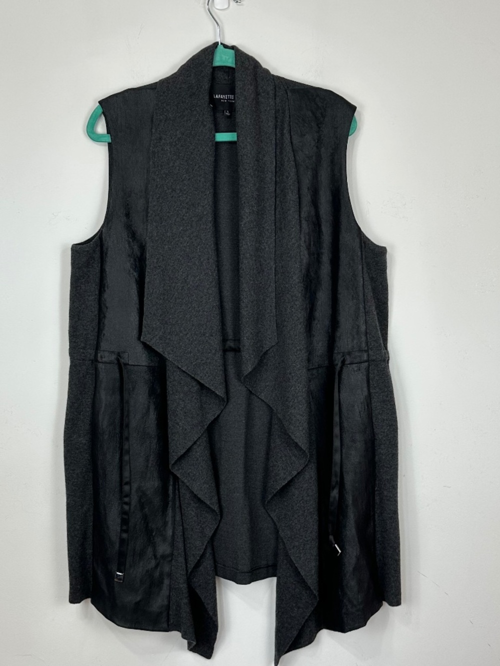 Lafayette 148 Womens Black Gray Wool Leather Waterfall Tie Waist Vest L